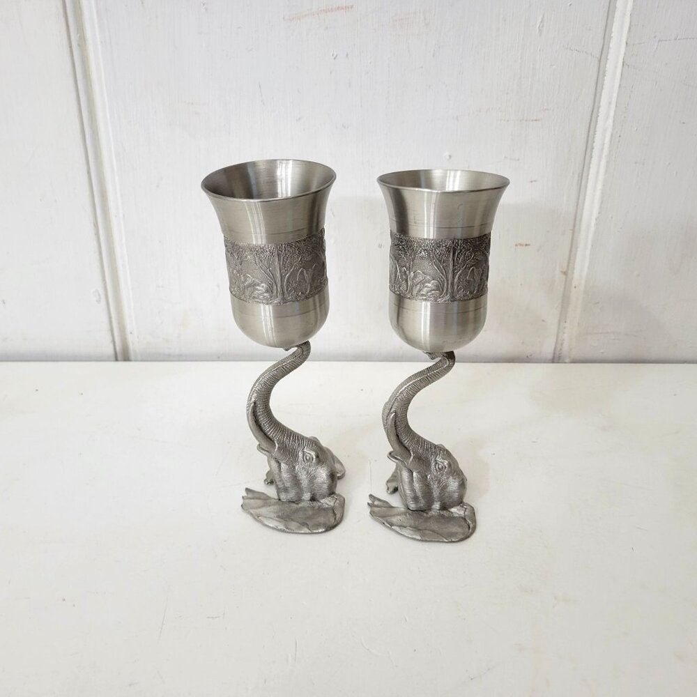 Elephant-Themed Pewter Wine Goblets Pair - Picture 3 of 11